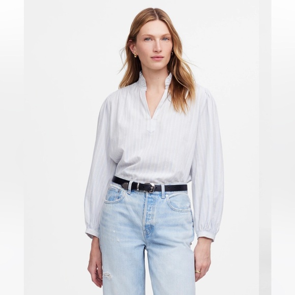 Madewell blue white stripe ruffled popover top blouse size SM new - Picture 2 of 9